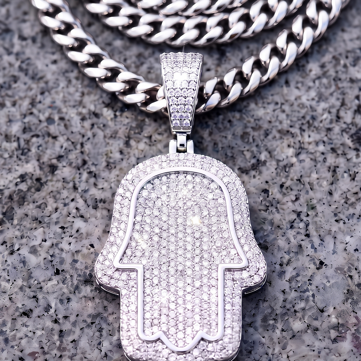 14k White Gold Iced Out Hamsa Hand Pendant - Large