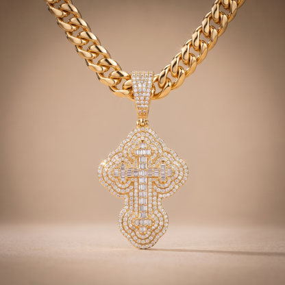 14K Gold Iced Out 3D Iced Baguette Cross - Small