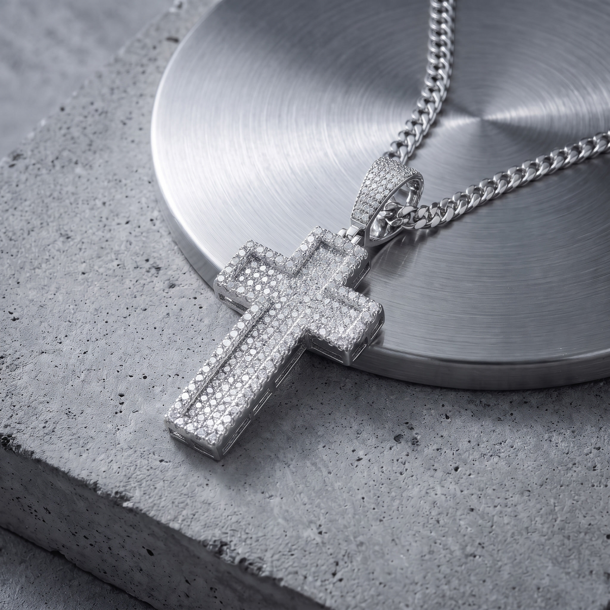 14k White Gold Iced Out 3D Layered Cross Pendant - Medium