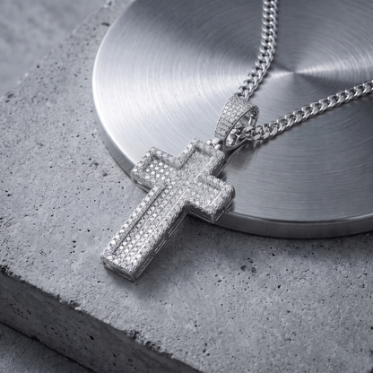 14k White Gold Iced Out 3D Layered Cross Pendant - Medium