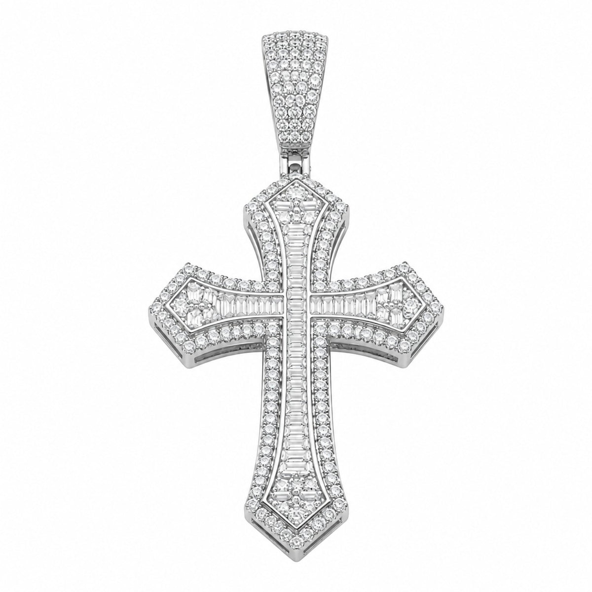 14k White Gold Iced Out Baguette Cross Pendant