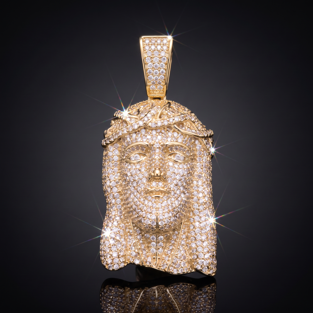 14k Gold Iced Out Jesus Face Crown of Thorns Pendant