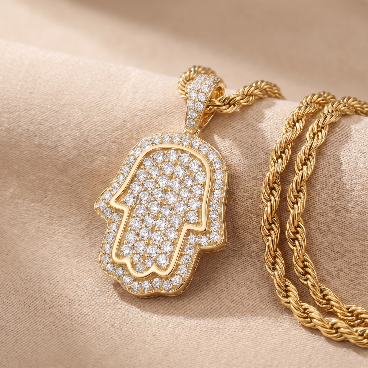 14k Gold Iced Out Hamsa Hand Pendant - Small