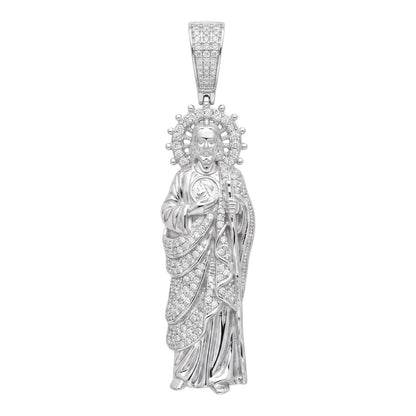 14k White Gold Iced Out Sacred Heart Jesus Pendant