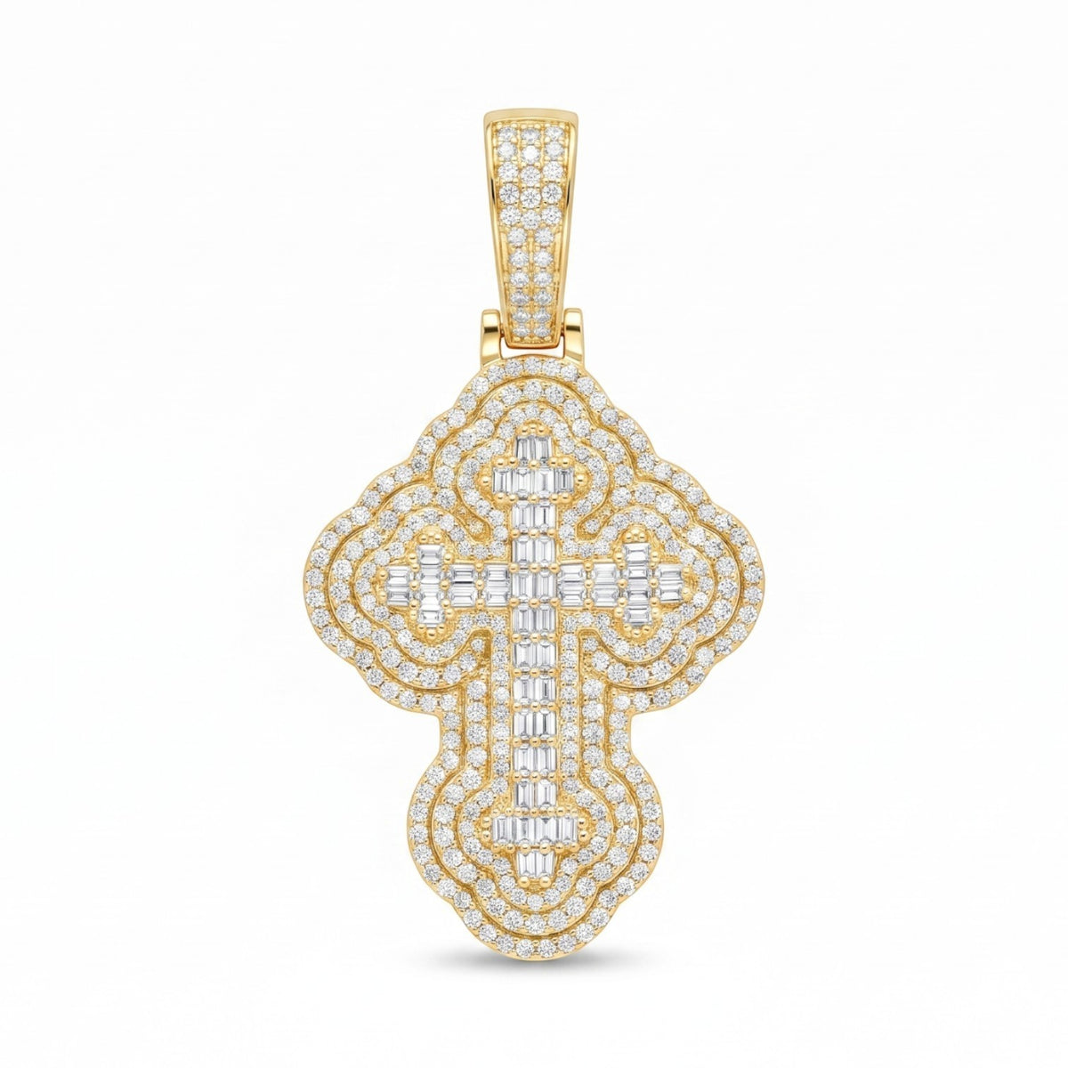 14k Gold Iced Out 3D Iced Baguette Cross - Medium