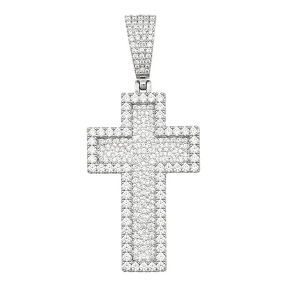 14k White Gold Iced Out 3D Layered Cross Pendant - Large