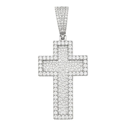 14k White Gold Iced Out 3D Layered Cross Pendant - Large
