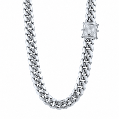 14k White Gold 12mm Miami Cuban Chain Necklace Diamond Clasp
